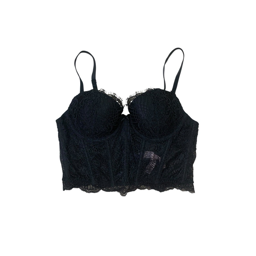 Victorias Secret Black Lace Longline Bustier Bra 34B Corset Lingerie Romantic
